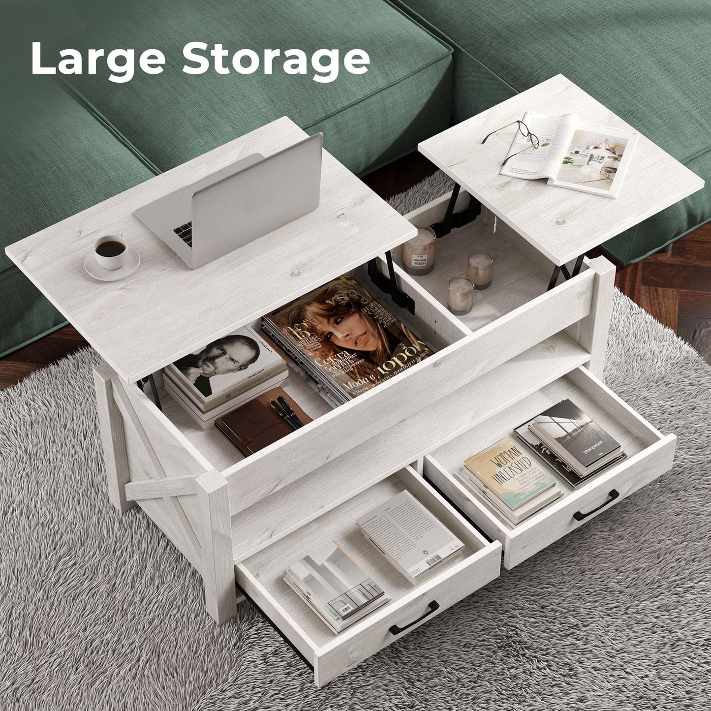 Seventable Coffee Table, 47.2" Lift Top Coffee Table with 2 Storage Drawers and Hidden Compartment, Retro Center Table with Wooden Lift Tabletop for Living Room, Gray