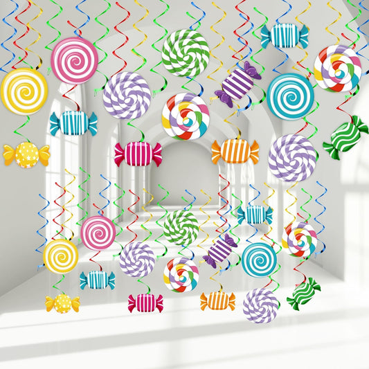 48pcs Candyland Birthday Party Swirls Decorations Merry Christmas Colorful Candy Land Hanging Streamers Wall Ceiling Hanging Spirals Lollipop Candy Party Decors Supplies for Baby Shower