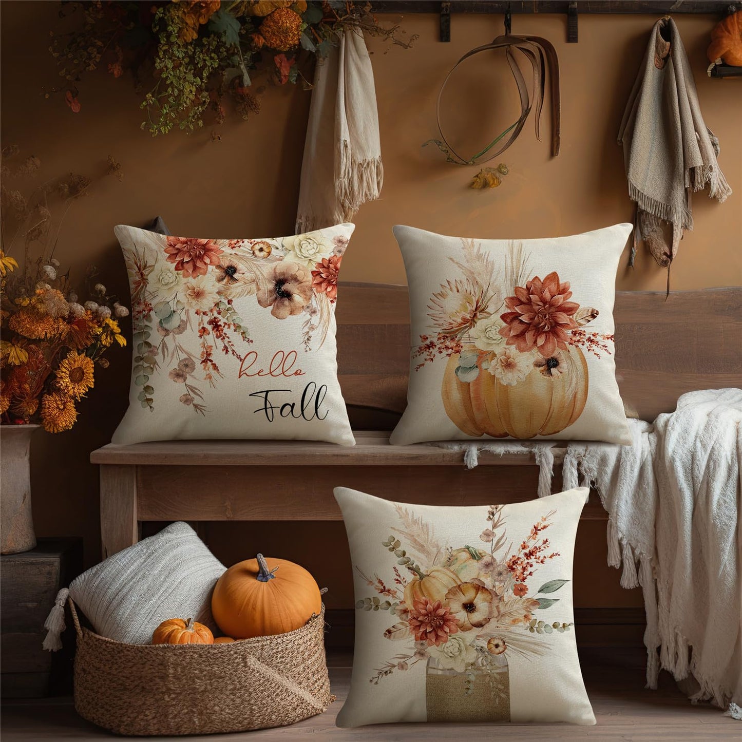MODOVOS Fall Pumpkin Throw Pillow Covers Thanksgiving Farmhouse Decorations Wheat Floral Outdoor Fall Decor Pillow Covers 18x18 Set of 4 Harvest Autumn Cushion Case for Sofa Couch