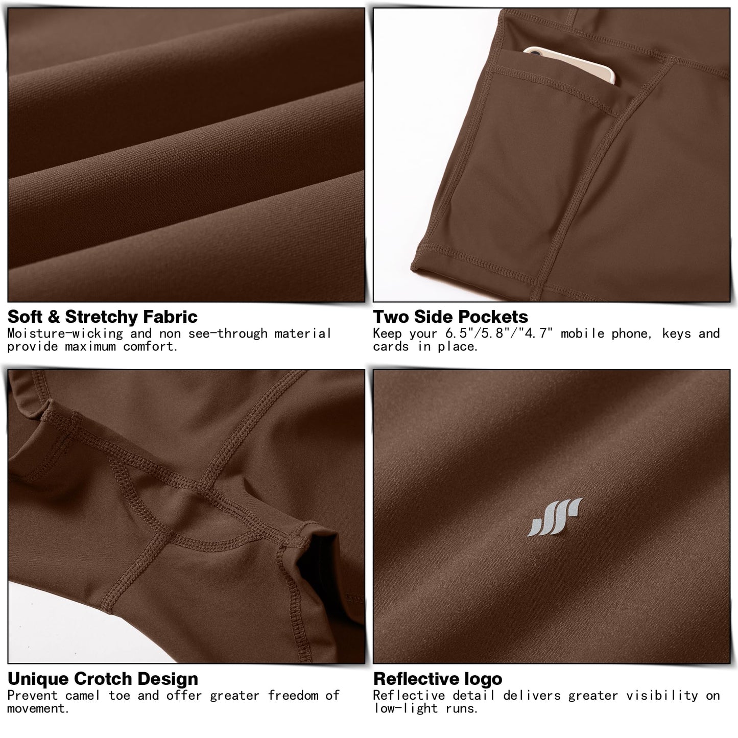 Women's High Waist Yoga Shorts with Side Pockets Tummy Control Running Gym Workout Biker Shorts for Women 3"(Brown, XXL)