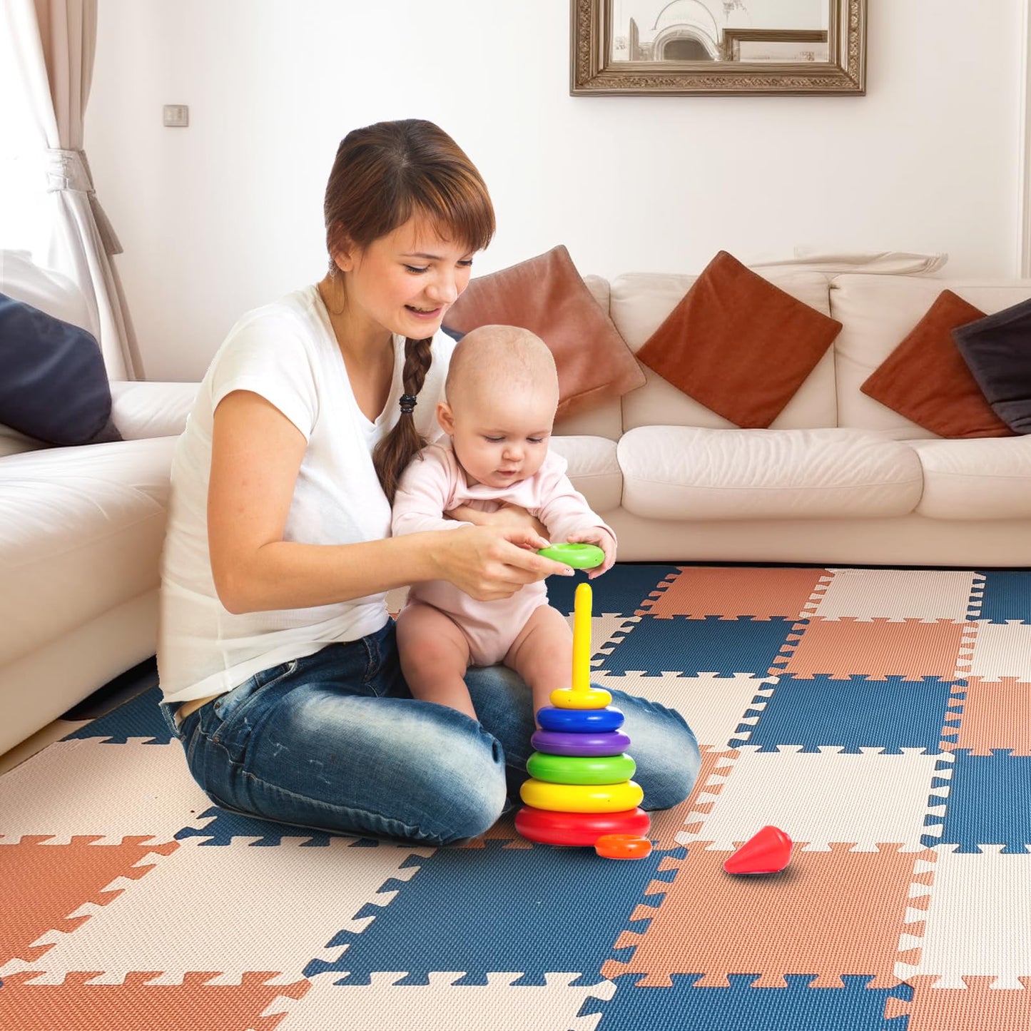 TCBunny Kids Soft EVA Foam Jigsaw Puzzle Play Mat, 18 Interlocking Tiles and Edges Baby Play Mat, for Kids Gym, Nursery, Playroom, Pet Mat, Total Floor Coverage 16 Sq Ft, Blue/Pink/Cream