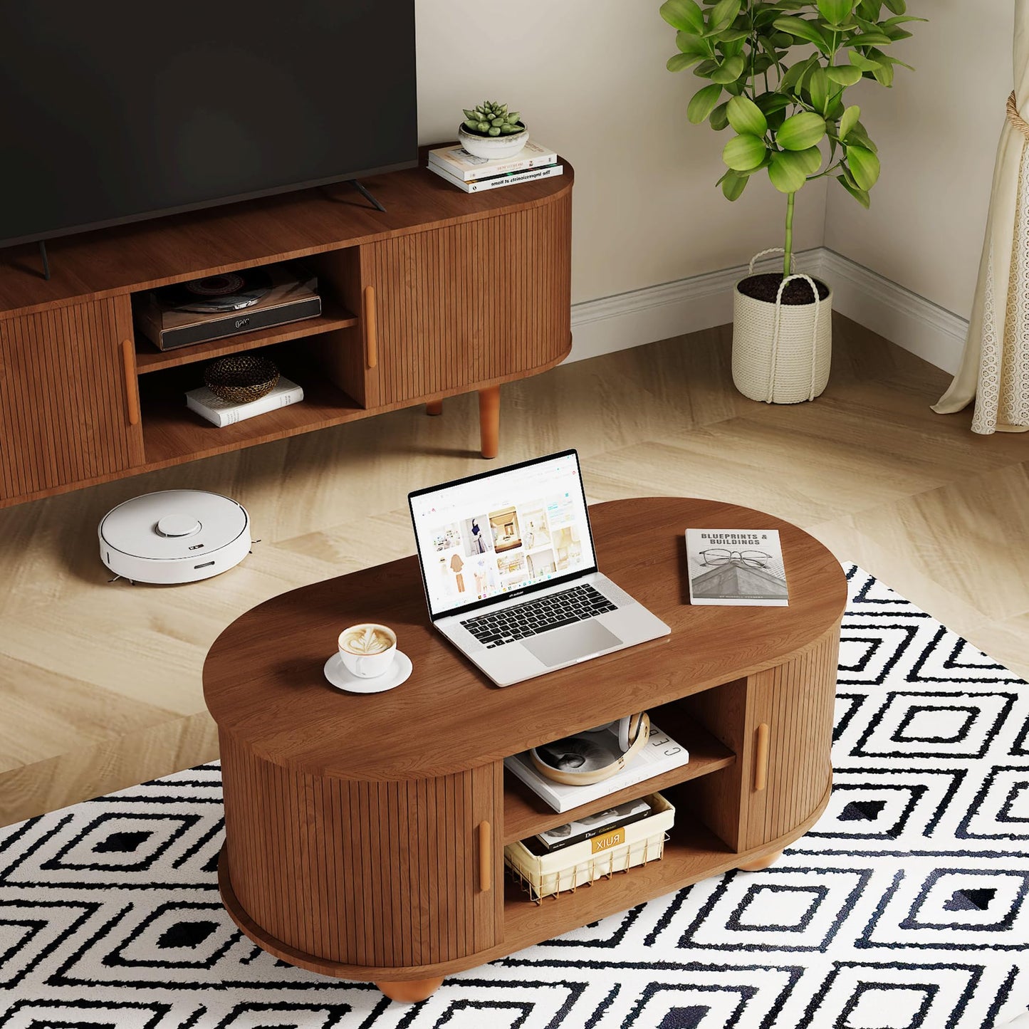 Rectangle Coffee Table, Mid-Century Modern Coffee Table with Storage & Sliding Doors, Fluted Coffee Table Center Table for Living Room, Dining Room, Apartment, Home Office (Walnut)