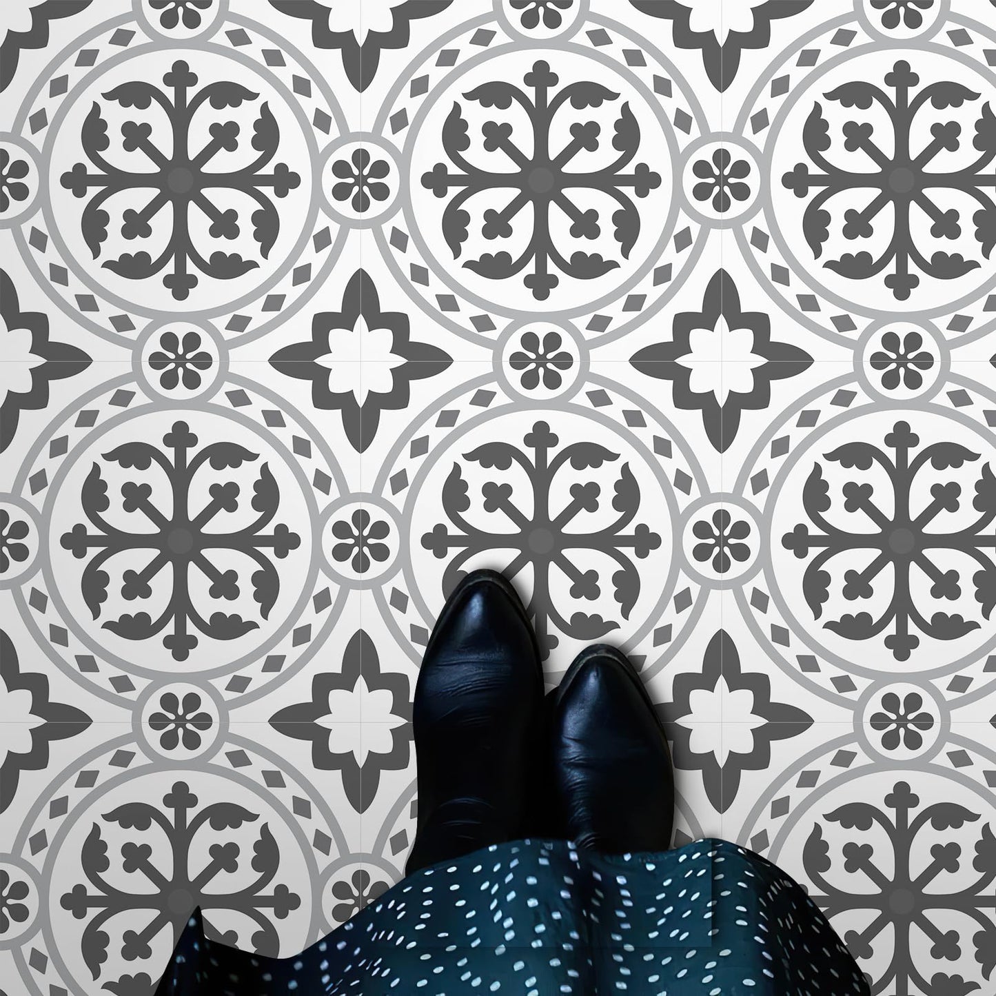 MORCART Peel and Stick Floor Tile - 20 PCS, 11.8" x 11.8" Vinyl Flooring - Waterproof Self-Adhesive Floor Tile for Bathroom, Kitchen, Living Room, Bedroom - White & Gray Retro Floral Look