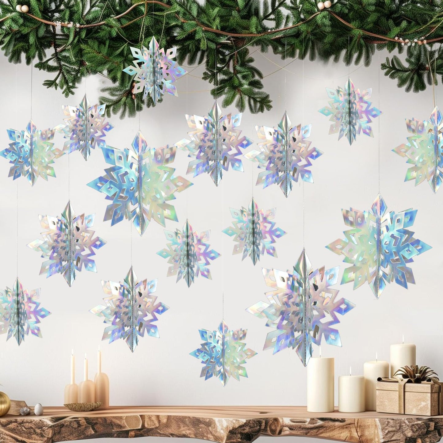OuMuaMua 24PCS 3D Laser Iridescent Snowflakes Hanging Decorations for Christmas Winter Wonderland Holiday Home Decorations Indoor