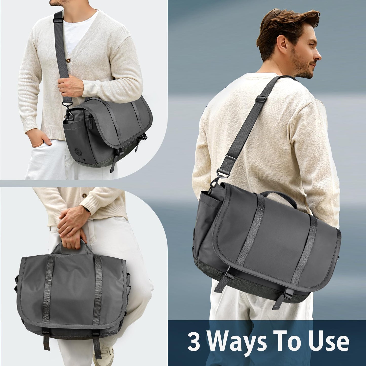 travel inspira Messenger Bag for Men/Women, Anti-theft Lightweight Men's Laptop Bag 16 inch Water Resistant Crossbody Satchel Bags Computer Work Office College Bag with Shoulder Strap, Grey