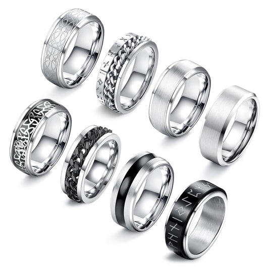 JeryWe 8 Pcs Stainless Steel Rings for Men High Polished Mens Band Wedding Engagement Fidget Rings Vintage Spinning Ring Size 7-13