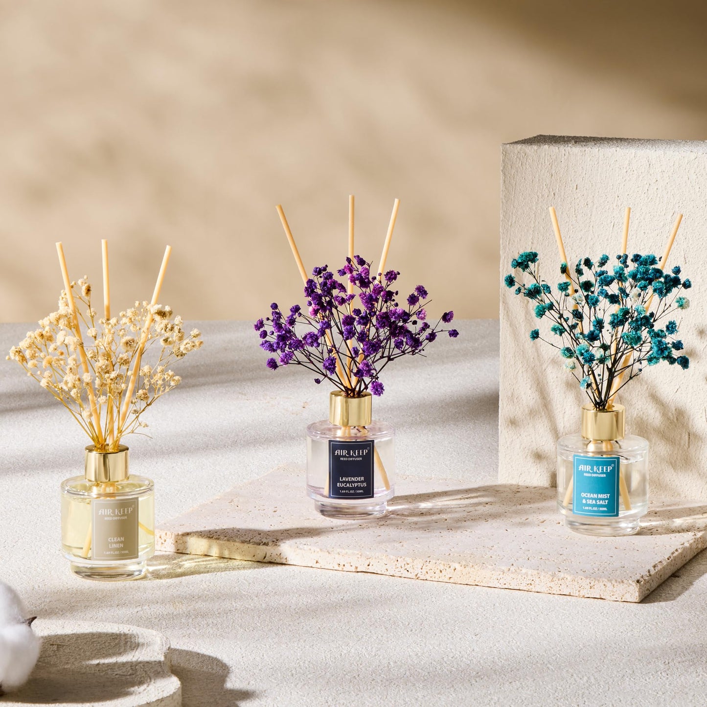 Airkeep Reed Diffuser Set of 3,Clean Linen Ocean Mist&Sea Salt Lavender Eucalyptus Oil Reed Diffusers for Bedroom Living Room Office Aromatherapy Oil Reed Diffuser for Gift 50ml x 3
