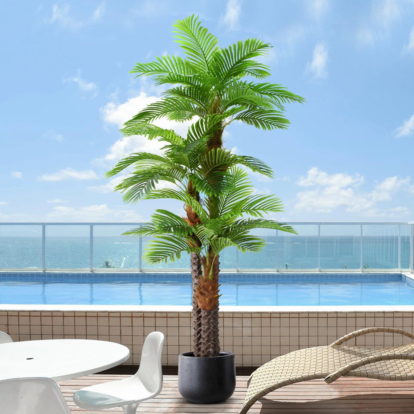 Keeplush 8.5ft Tall Artificial Palm Tree for Outdoors - Triple Phoenix Palm, UV Resistant, Large Fake Silk Palm Tree - Perfect for Patio, Poolside, Home Indoor Aesthetic Decor