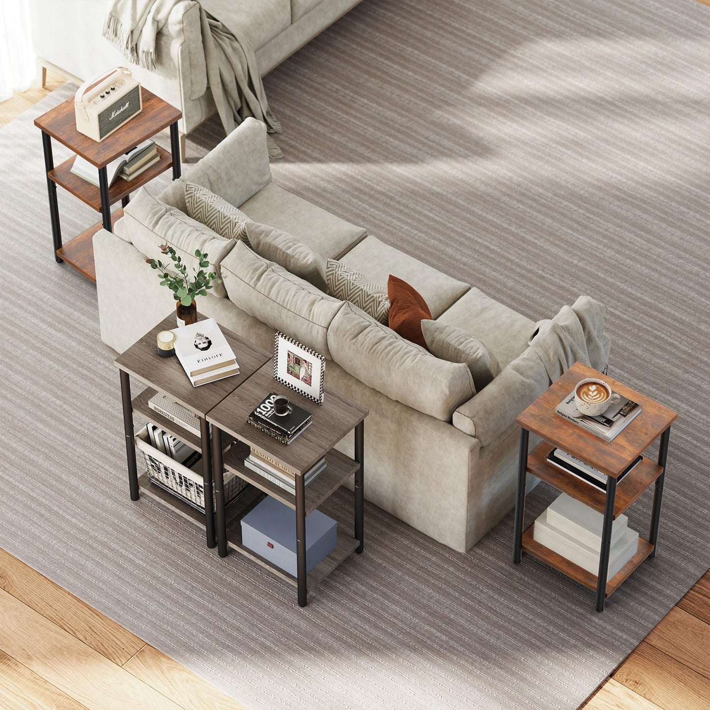 DUMOS End Table, 3 Tier Side Sofa Tables for Small Space, Storage Shelf, Nightstand with Adjustable Feet for Living Room, Bedroom, Office, Set of 1, Rustic Brown