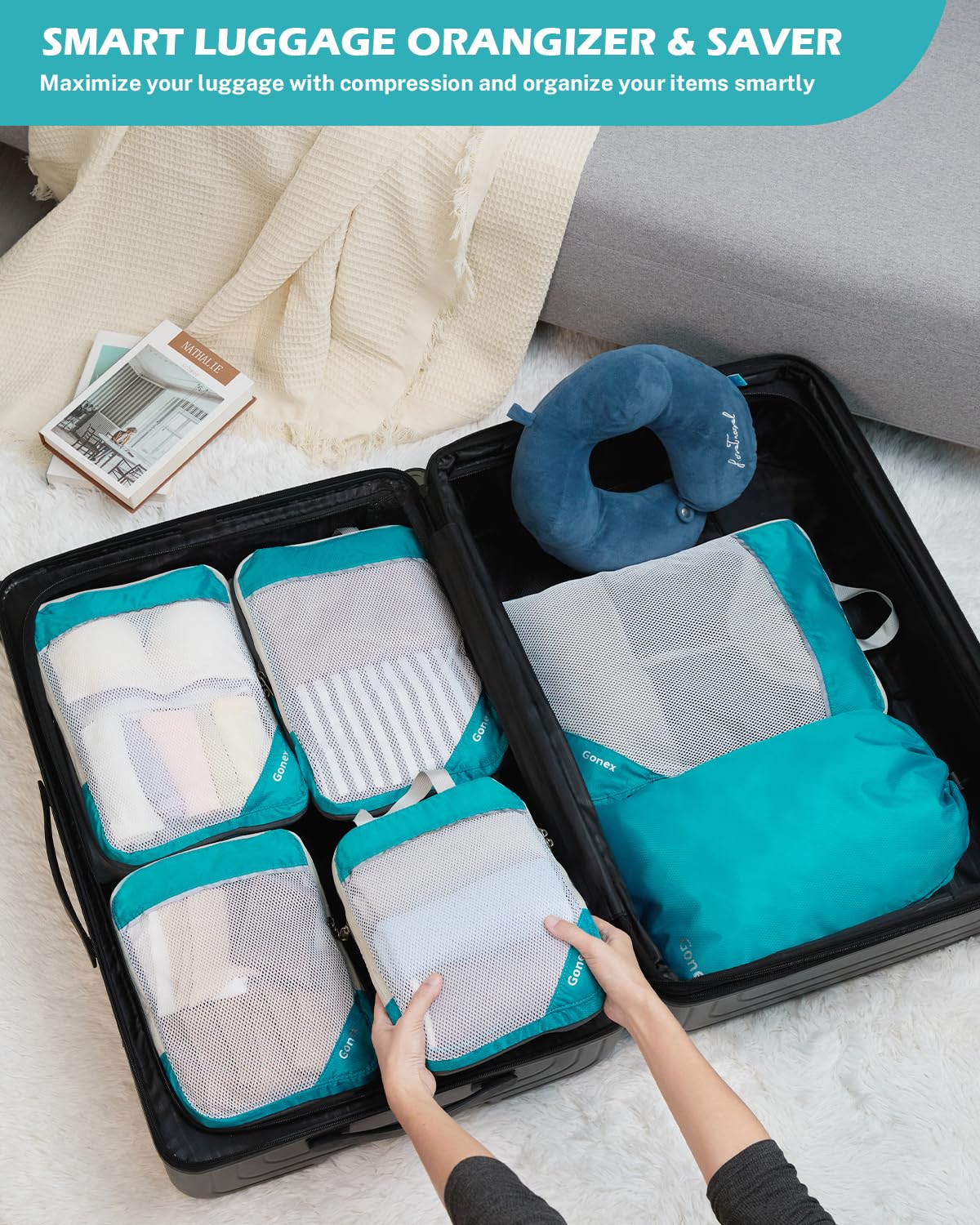 Gonex Compression Packing Cubes Mesh Organizers 1L+2M+2S+Laundry Bag Blue