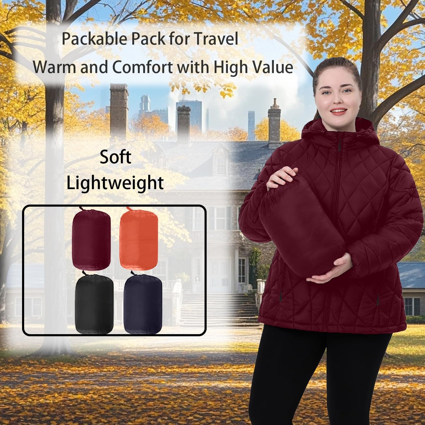 HHE Plus Size Women's Packable Puffer Jacket 1X-5X Water-Resistant Lightweight Winter Coat(Exclusively for Plus Size)(Winered,5X)