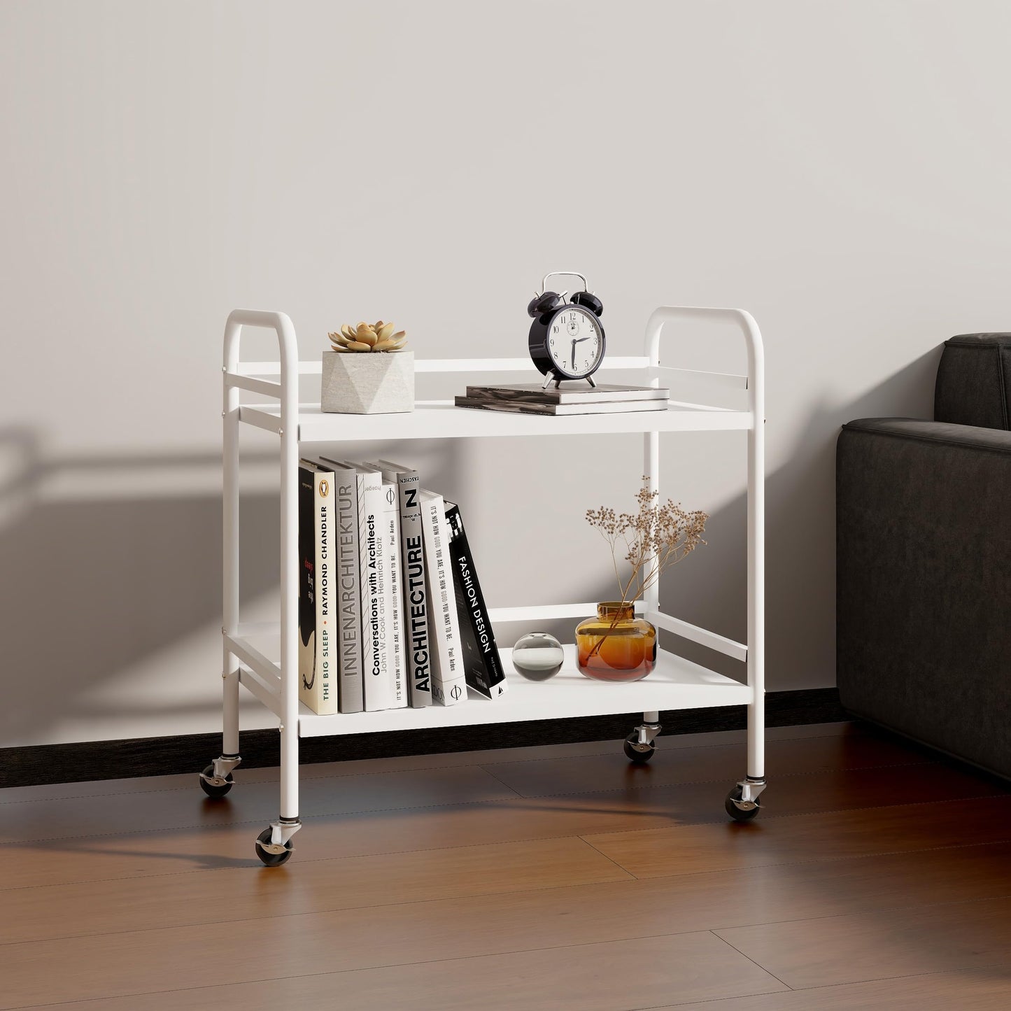 HDANI 2 Tier Under Desk Printer Stand with Storage,Microwave Storage Rack,Metal Rolling Printer Cart with Wheels for Home Office,Utility Storage Cart and Stand,White