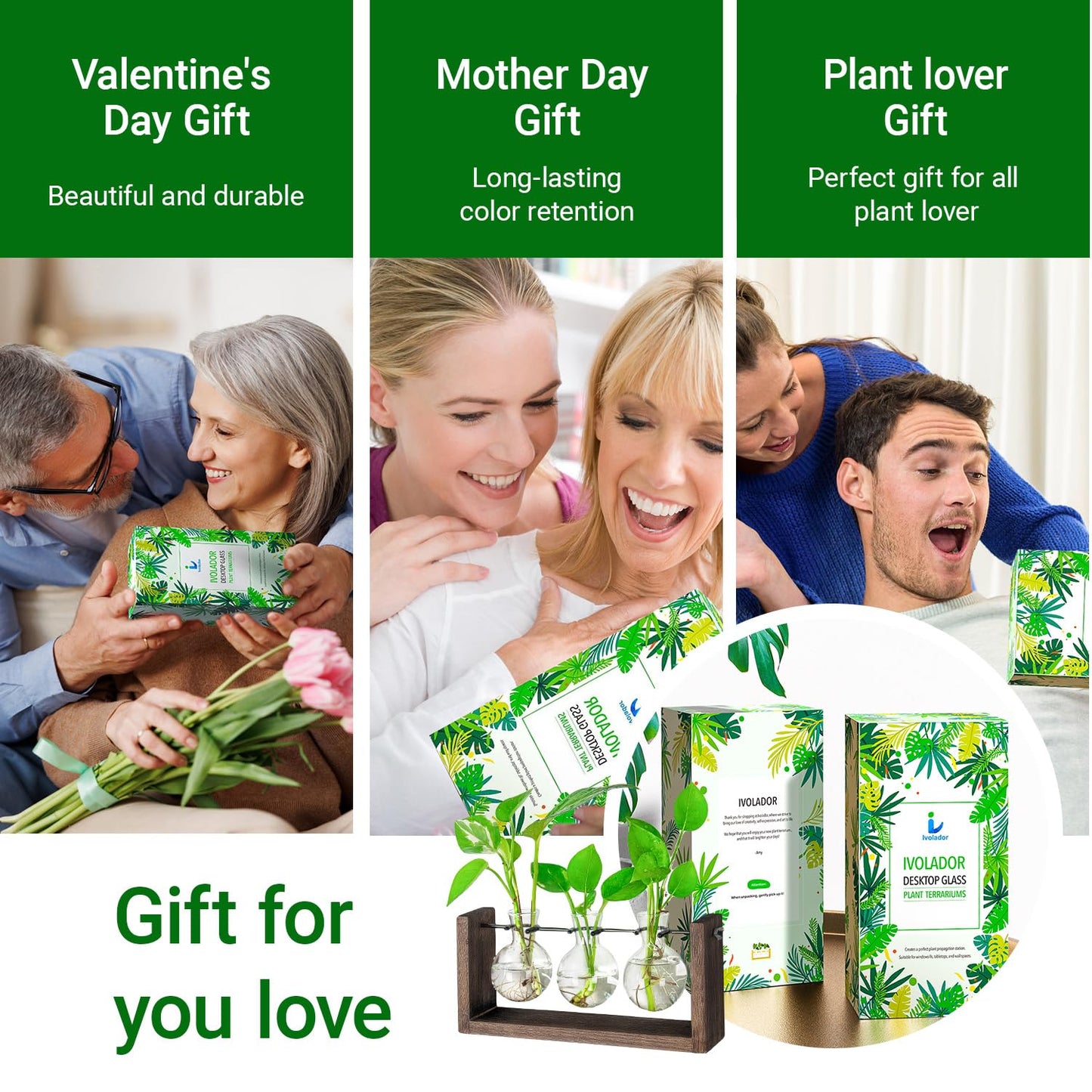 Ivolador Wall Hanging Plant Propagation Station,Bulb Plant Terrarium with Wooden Stand,Unique Gardening Gifts for Women Plant Lovers,Hydroponic Indoor Planter Home Office Decor-3 Bulb Glass Vases