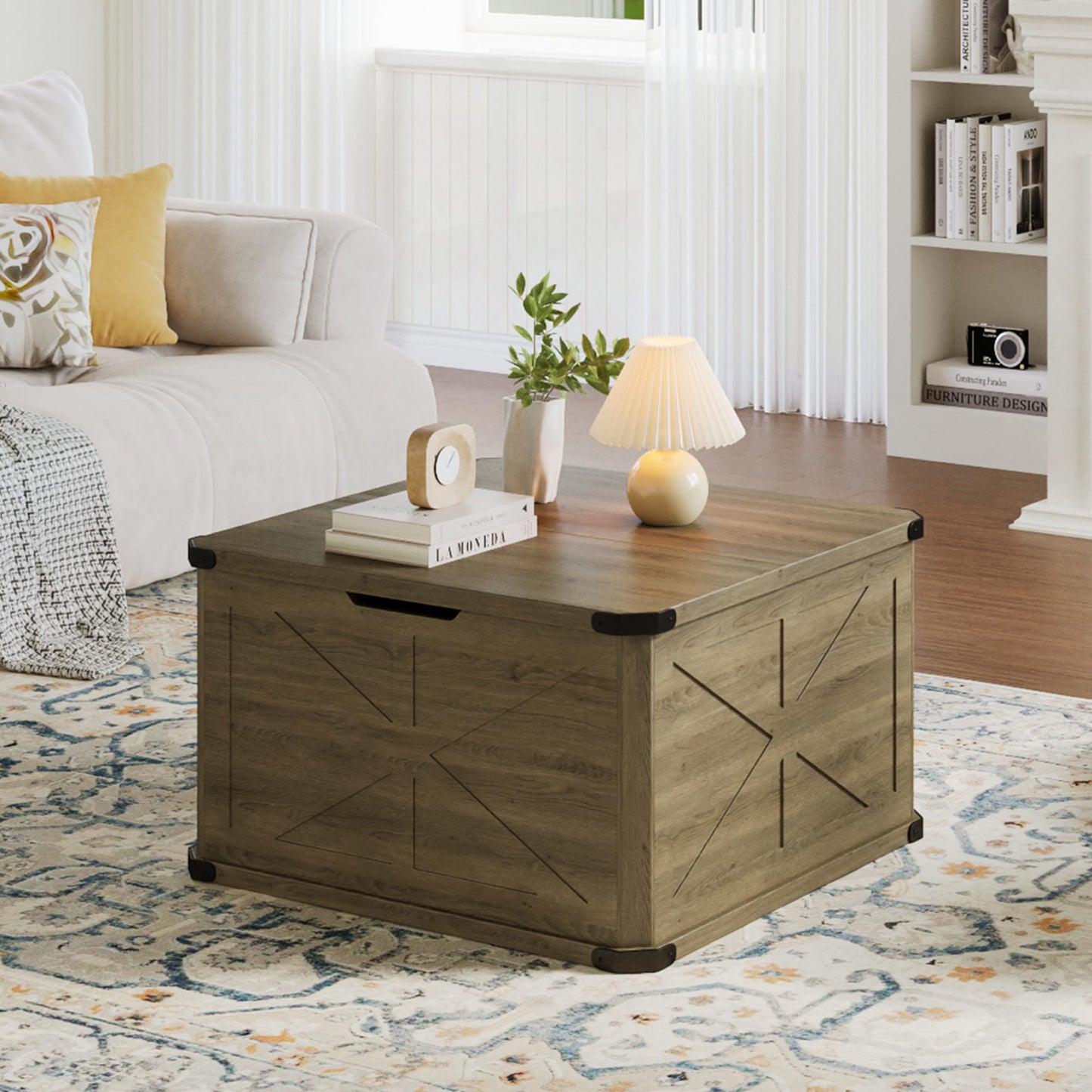 HOPUBUY Farmhouse Coffee Table with Hidden Storage - Rustic Wood Center Table for Living Room, Metal Corner Reinforcement, Square Design with Flip-Top Compartment, Brown