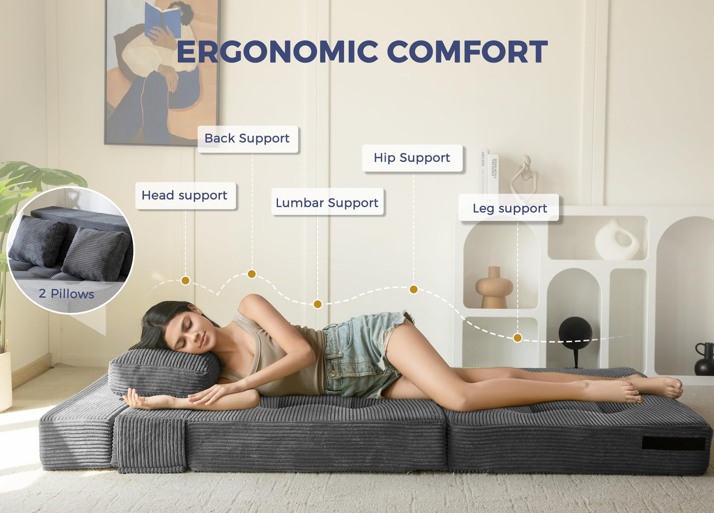 MAXYOYO Convertible Sofa Bed, Fold Out Loveseat Sleeper Sofa with Pillow, 4 in 1 Tufted Folding Couch Bed Foam Floor Couch, Lazy Chair for Living Room Bedroom Guest Room, Dark Grey