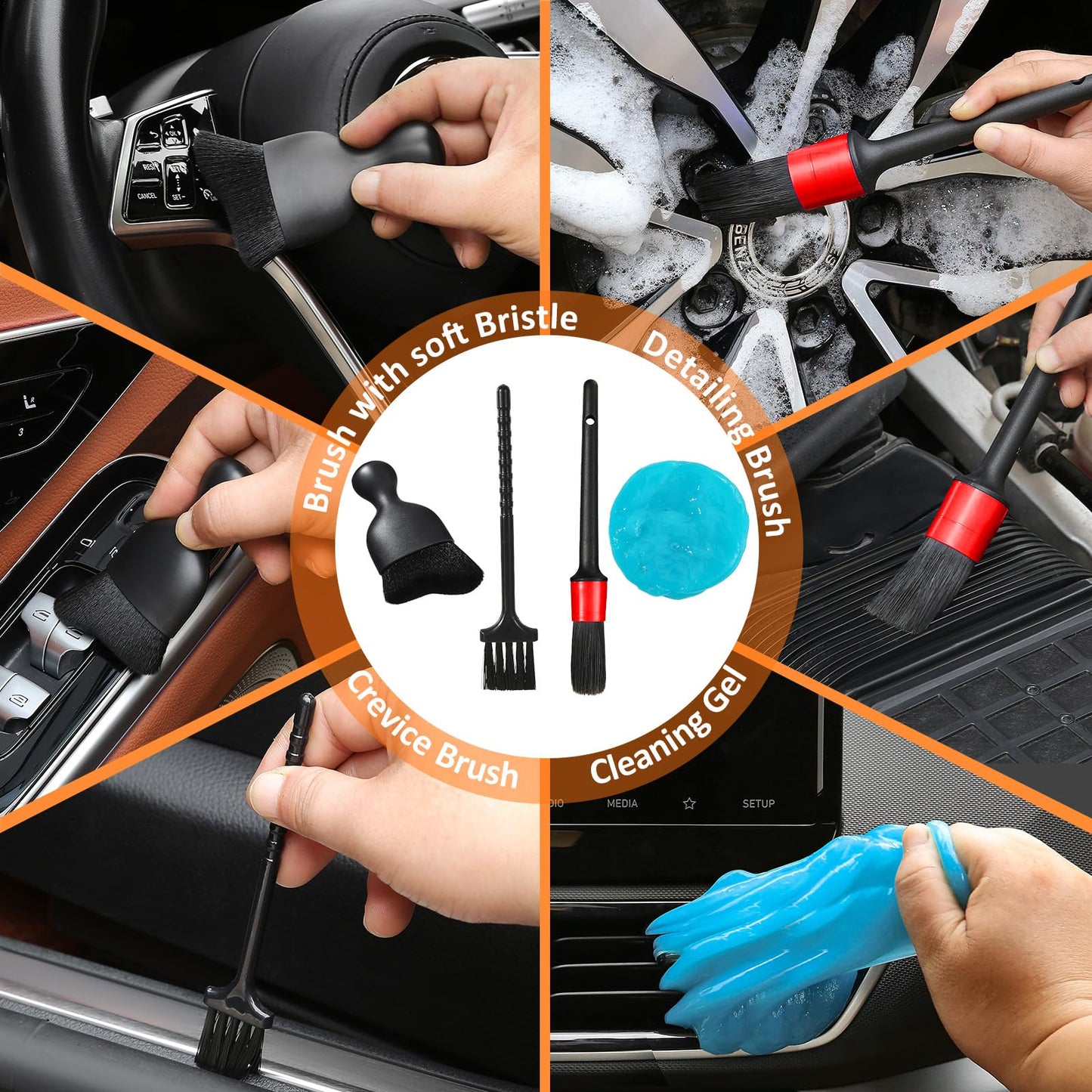 Qydipclin 10pcs Windshield Cleaner Tool, Car Window Cleaning Wash Kit with 4 Reusable Microfiber Pads 1 Spray Bottle and Extendable Handle Auto Glass Wiper Kit, Orange