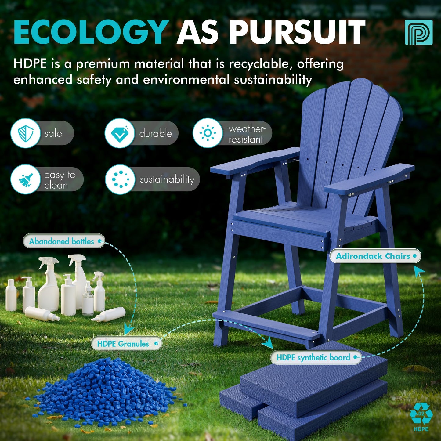 PatioPerk Tall Adirondack Chair Set of 4 with Double Connecting Tray, Recycled HDPE with Wood Grain, Weather Resistant, Outdoor Adirondack Chairs for Deck, Balcony, Patio, Backyard, Navy Blue