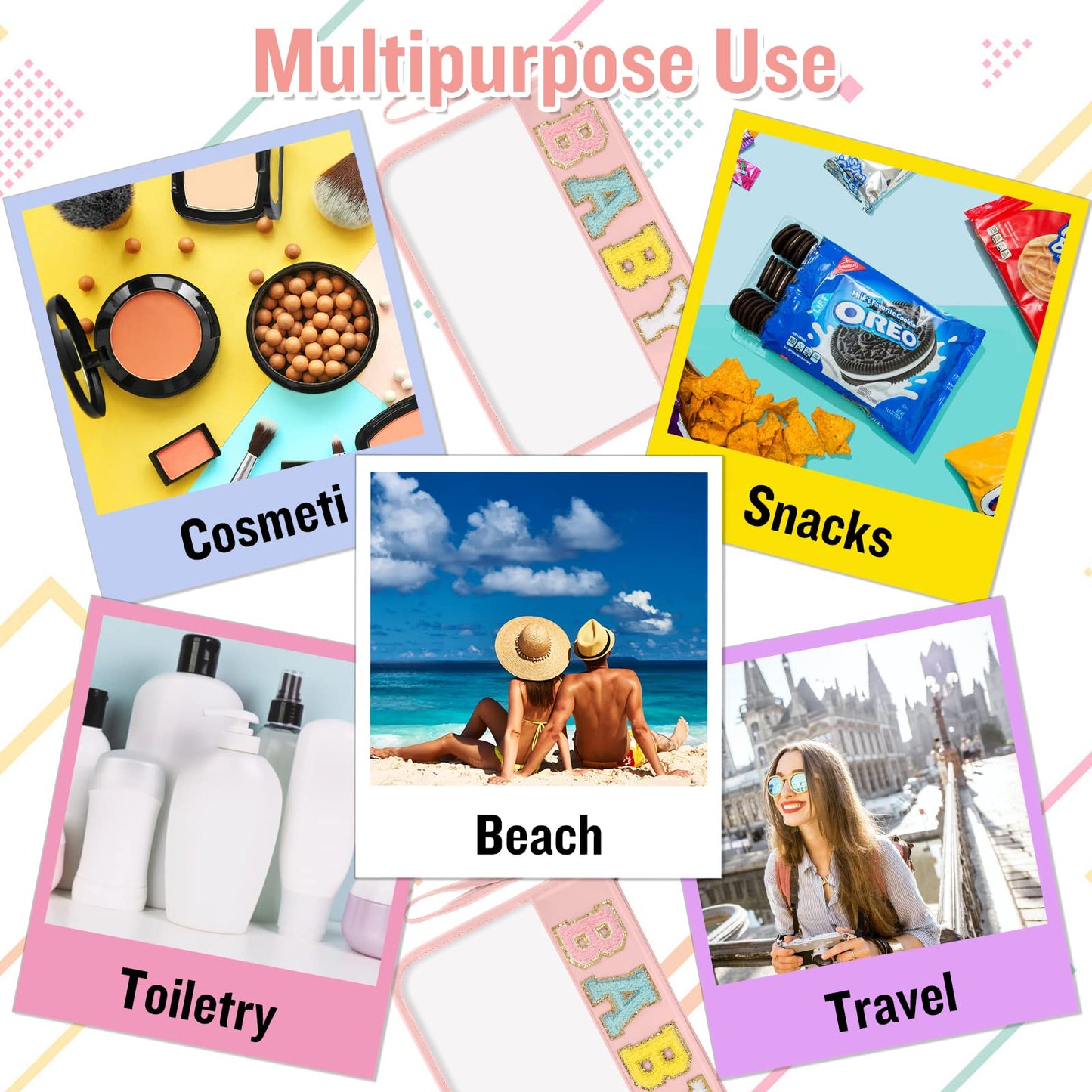 izuzta Chenille Letter Clear Bag Baby Purse Pouch, Monogram PVC & PU Clear Zipper Pouch with Wristlet, Waterproof Portable Glitter Snacks Makeup Beach Pouch Toiletry Bag for Women Girls (BABY-Pink)