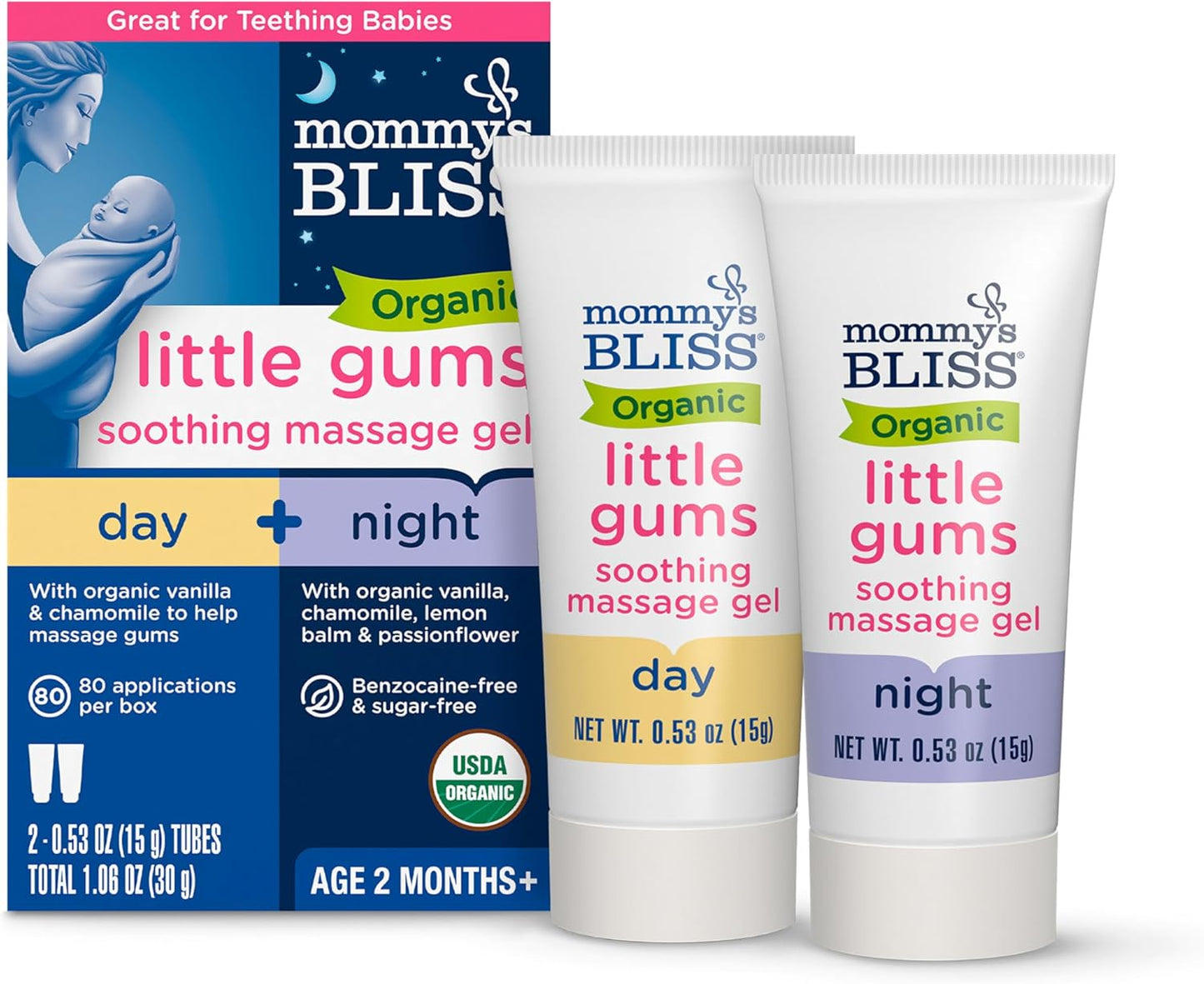 Mommy's Bliss Organic Little Gums Soothing Massage Gel Day and Night Combo, Great for Teething Babies, Age 2 Months+, Sugar Free, Mild & Sweet Flavor, 2 - 0.53 Oz Tubes (Pack of 1)