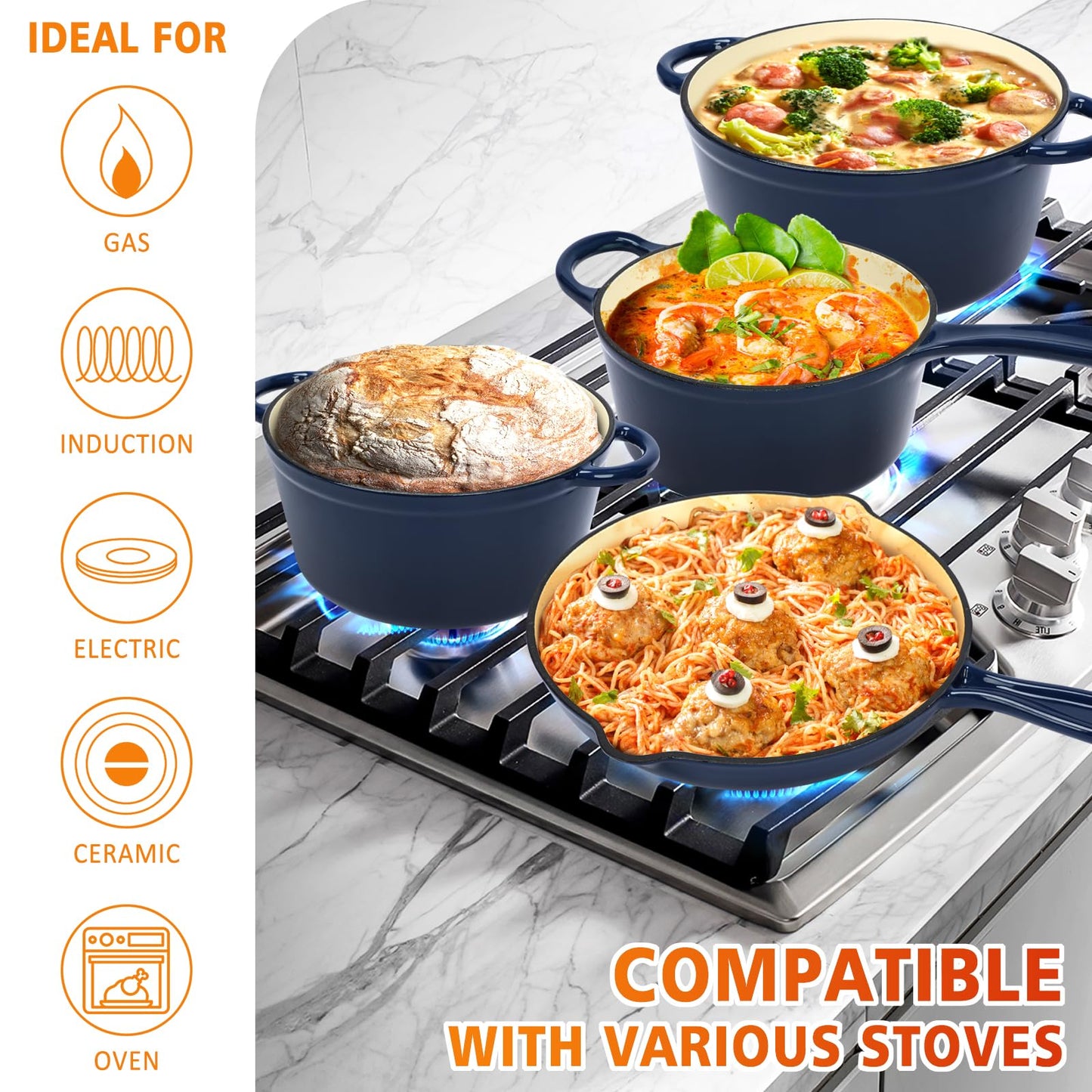 Hisencn 7 Piece Enameled Cast Iron Cookware Set, Pots And Pans Set, Ceramic Cookware Set, 2.25QT/4.75QT Cast Iron Dutch Oven, 10.25” Skillets, 2QT Pot, Suitable For All Stoves, PFA Free, Navy