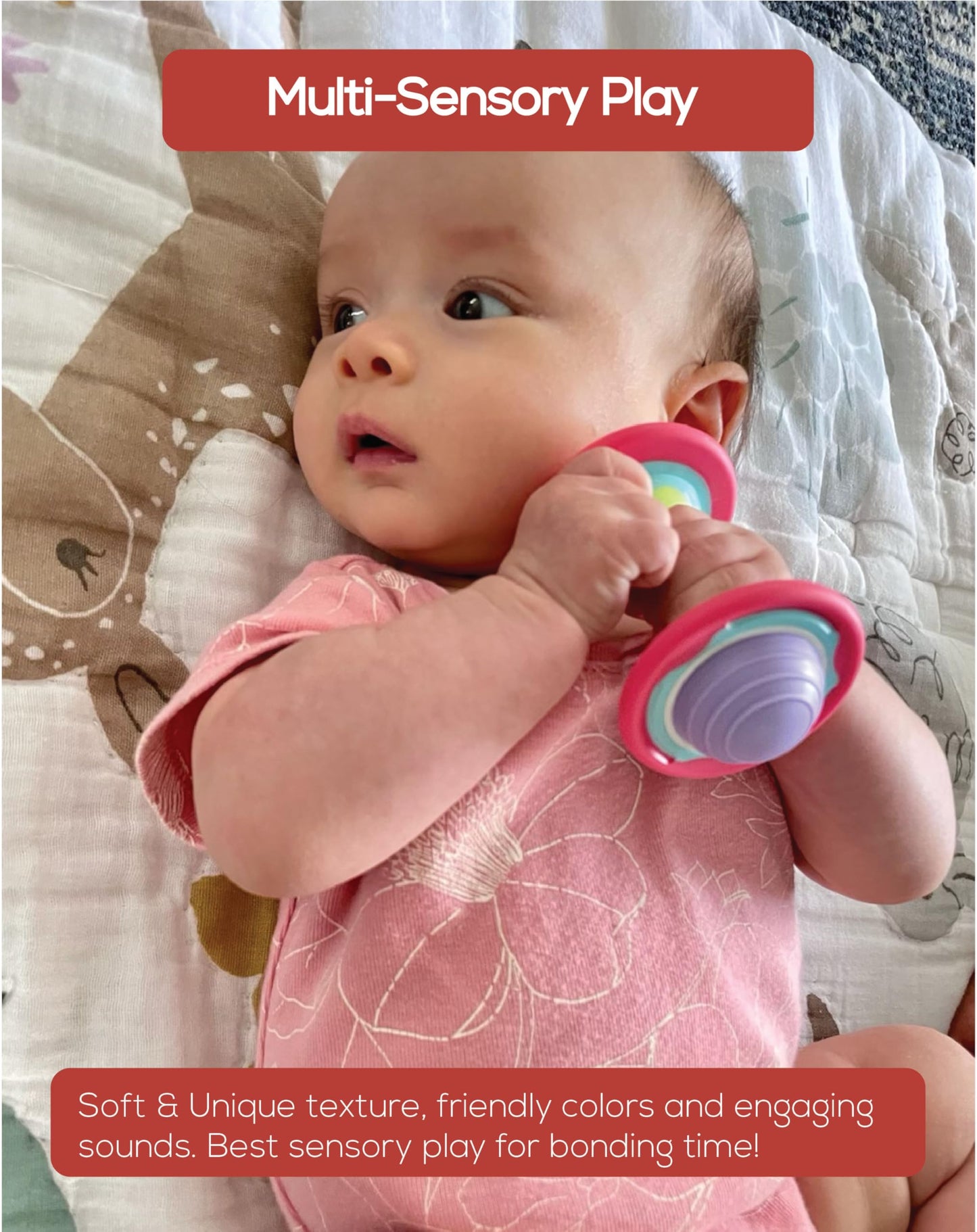 BaBeloved Mini Dumbbell Baby Teething Toys Multiple Sensory Montessori Durable Exercises Workout Soft Food-Grade Teethers for Babies Rattling Teething Relief, Chew Baby Toys 0-6 Months, BPA Free