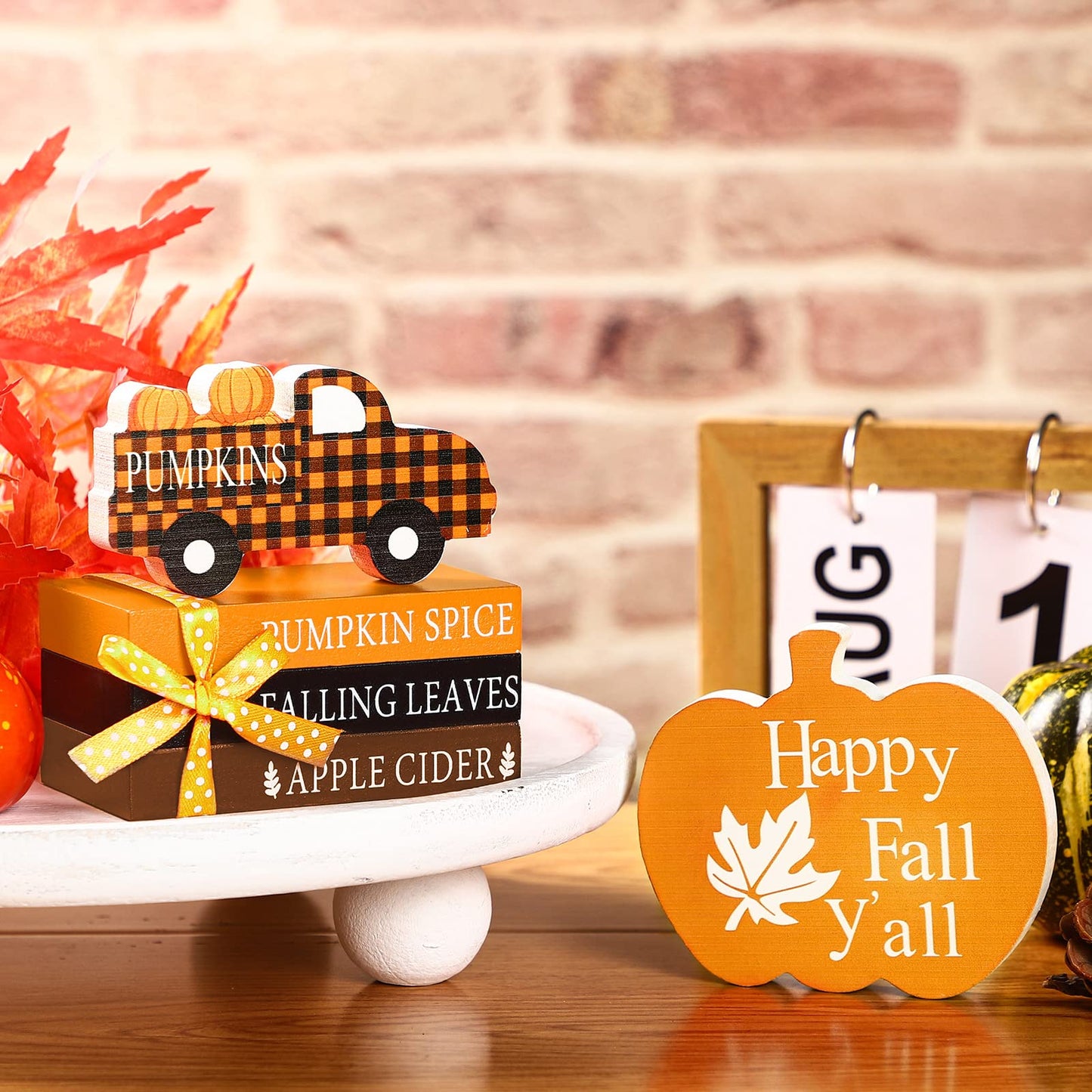 Blulu 5 Pcs Fall Decorations for Home Fall Tiered Tray Decor Thanksgiving Table Decor 3 Mini Faux Decorative Books Bundle with Twine Rustic Wood Pumpkin Truck Signs for Autumn Harvest Office Shelf