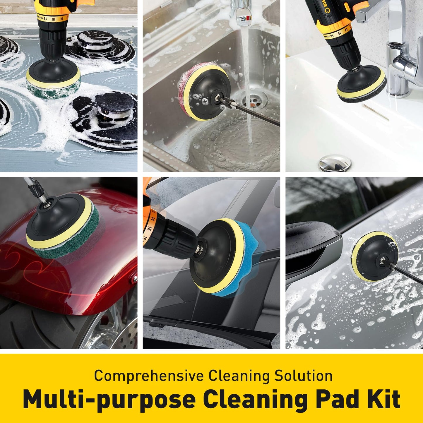 CasaCulina 25 Pack Drill Brush Attachment Set, Scrub Pads & Sponge, All Purpose Power Clean Scrubber Brushes with Extend Long Attachment, Car Polishing Pad Kit, Cleaning Supplies for Grout Tile Sink