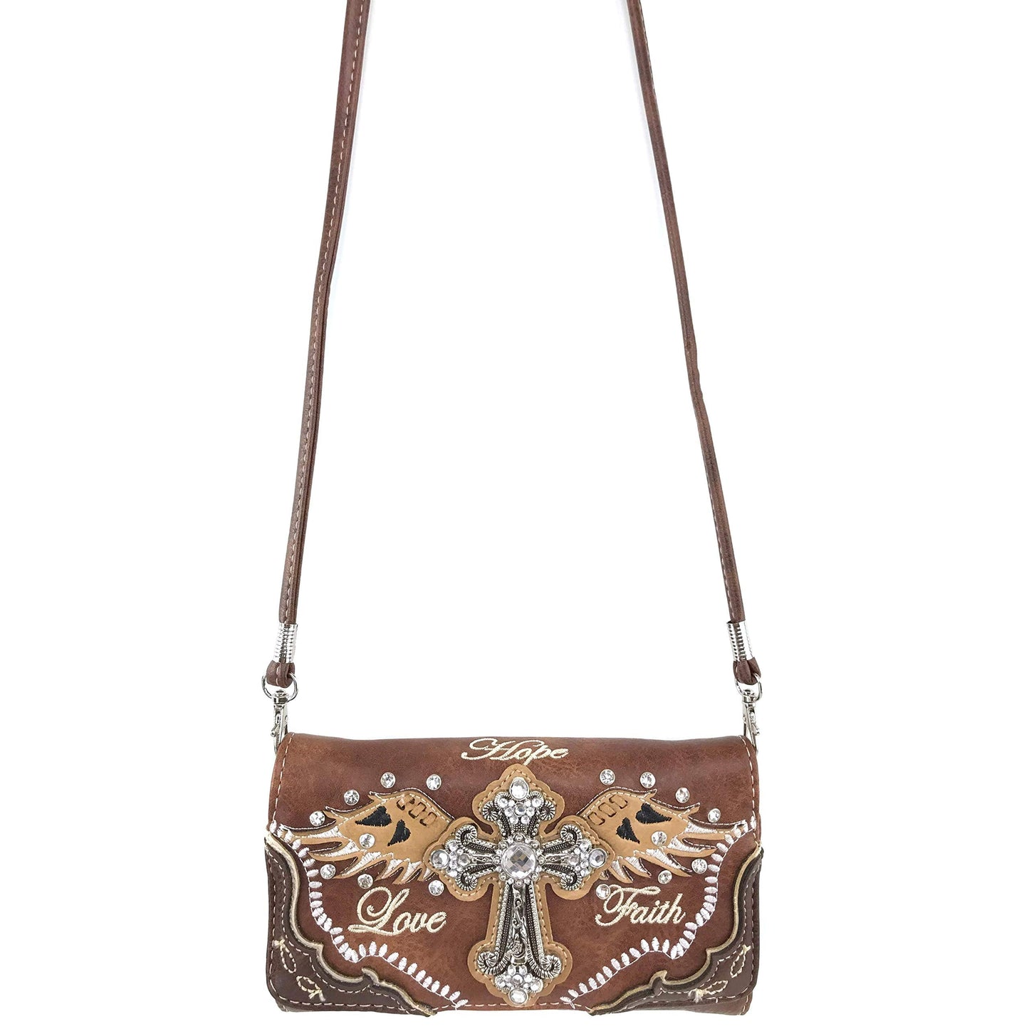 Zelris Faith Love Hope Cross Angel Wing Women Conceal Carry Handbag Wallet Set (Brown)