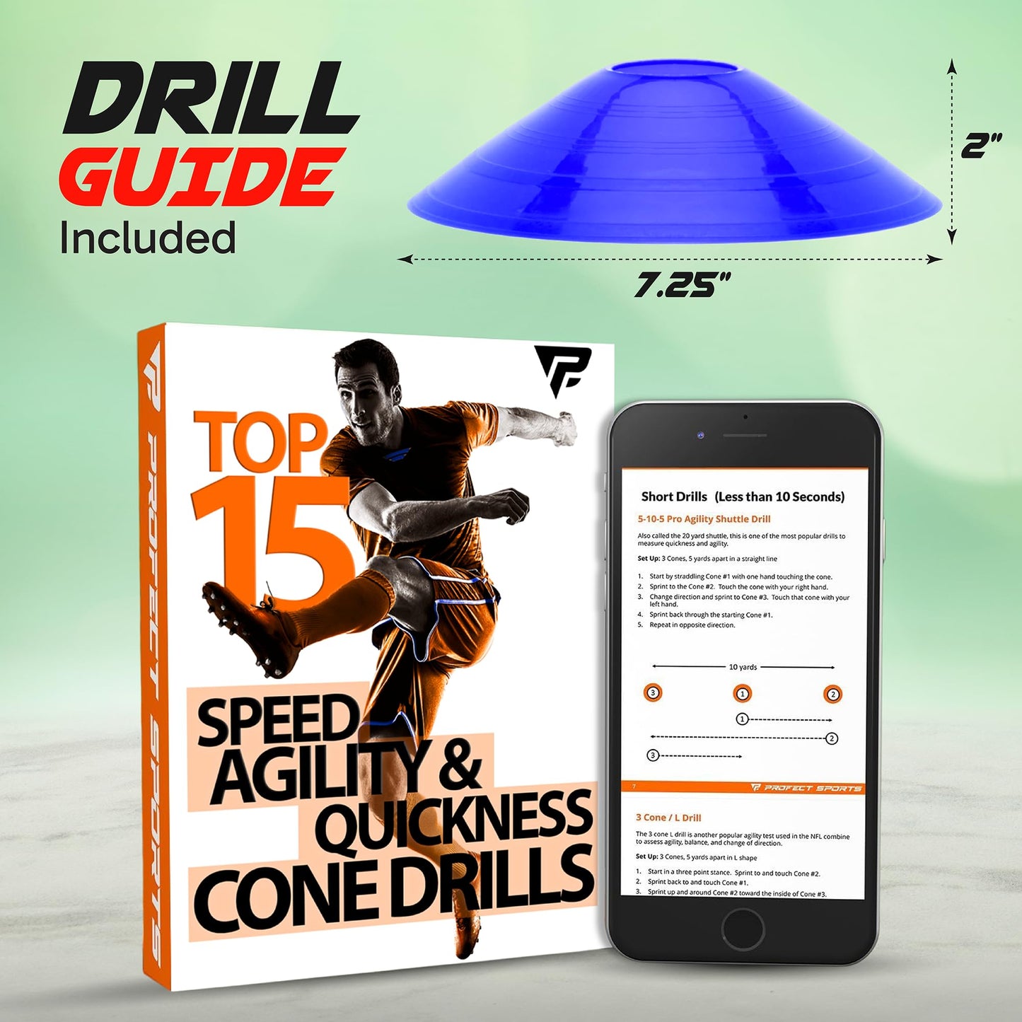 Pro Disc Cones (Set of 50) - Agility Soccer Cones with Carry Bag and Holder for Sports Training, Football, Basketball, Coaching, Practice Equipment, Kids - Includes 15 Best Drills Book (Bright Orange)