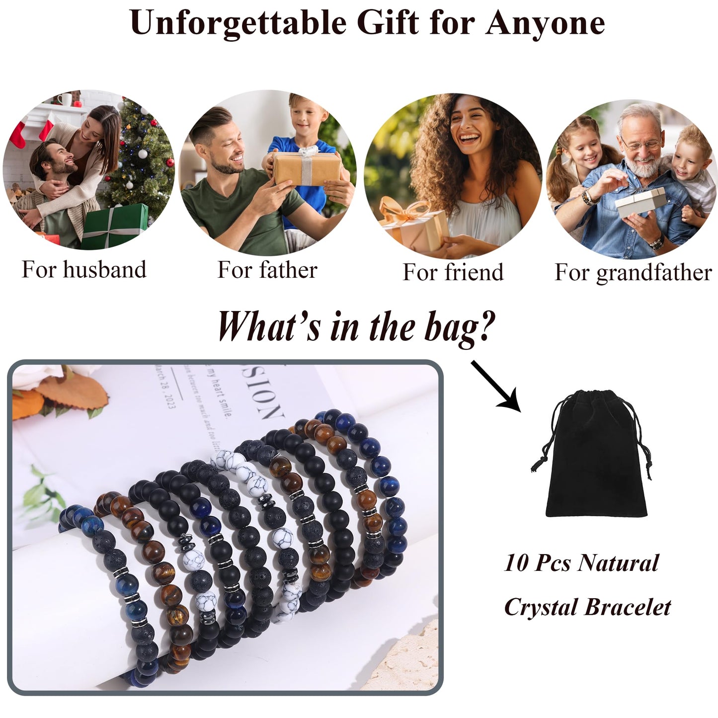 Jewdreamer 10PCS Tiger Eye Bracelet For Men 8MM Natural Stone Beads Bracelet Set Stretch Lava Rock Bracelets Adjustable Black Crystal Beaded Bracelet for Men Women Gifts