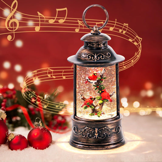sinofayar Christmas Snow Globes,Glittering Cardinal Lantern with 6h Timer & 8 Music Songs,USB Battery Operated Box for Decorations Indoor Tabletop Gifts
