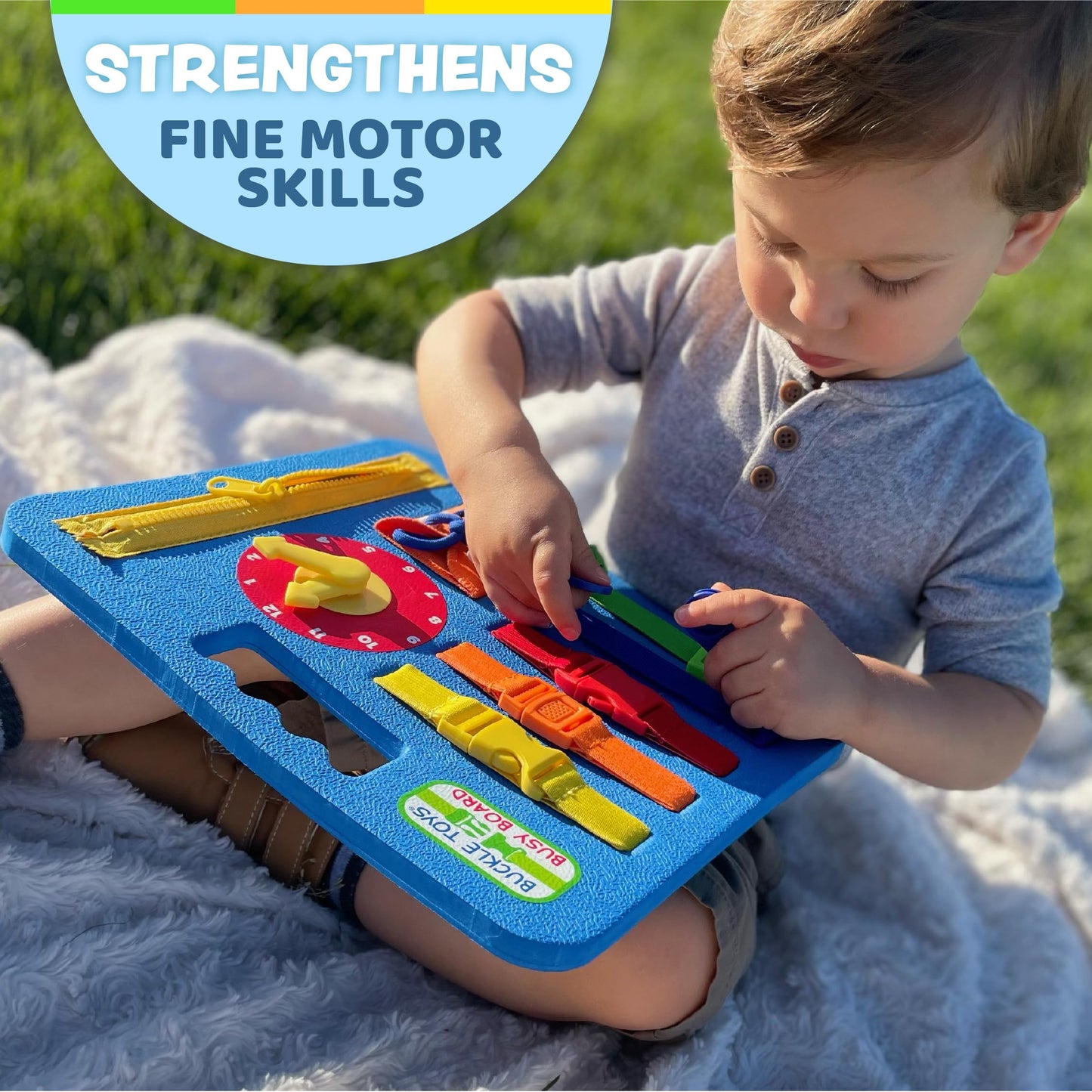Buckle Toys Busy Board - Montessori Learning Toy for Toddlers Kids Road Trip Activities - Foam Sensory Board - Develop Fine Motor Skills - Blue