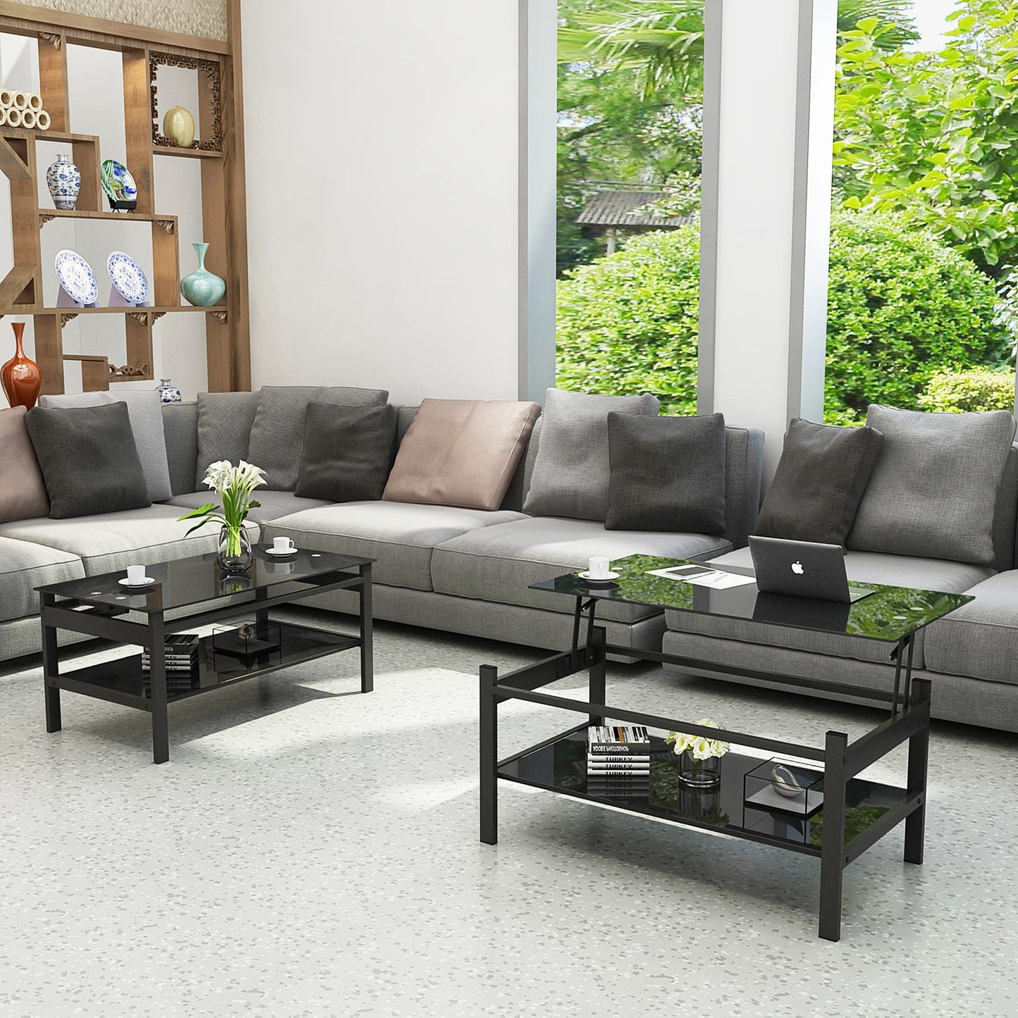 Meihua Lift Top Glass Coffee Table with Storage Compartment and Separated Open Shelves, Lift Tabletop for Living Room Home, Office, Black