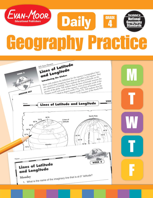 Evan-Moor Daily Geography Practice, Grade 4, Homeschooling and Classroom Resource Workbook, Reproducible Worksheets, Teaching Edition, Downloadable Maps, USA, World, Continents, Oceans, Countries