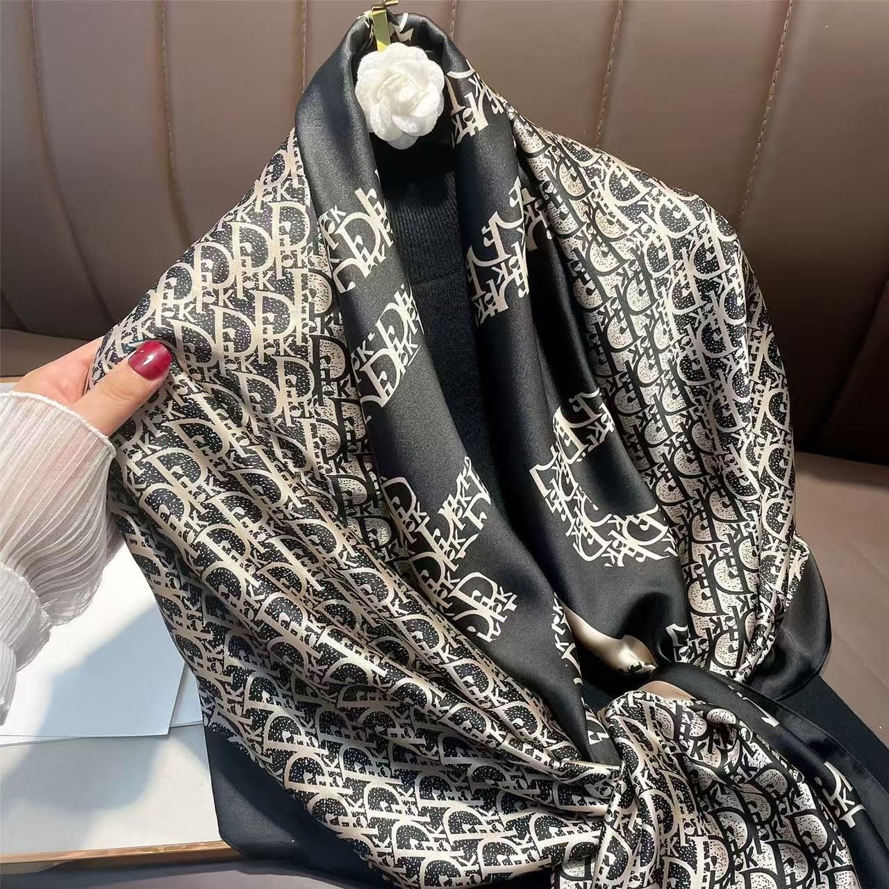 FairyCity Luxury Designer Silk Scarf, Black and Gold Pattern Monogram Print Square Shawl Wrap scarves