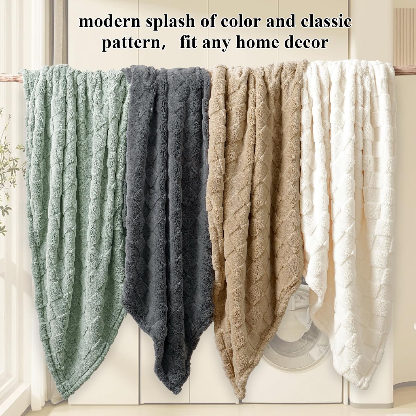 PHF Checkered Fleece Throw Blanket for Couch, Warm 3D Plaid Jacquard Fluffy Blanket for Fall and Winter, Green, 50x60 Inches