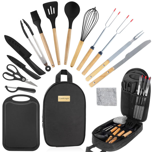 Camping Accessories Kitchen Cooking Utensils Set - Portable Outdoor Camp Cookware Set, Silicone Camper Essentials Gear Must Have Supplies for Travel RV BBQ Grill Picnic Hiking