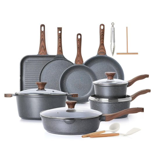 SENSARTE Nonstick Cookware Set 23-Piece, Non Stick Pots and Pans Set with Swiss Granite Coating, Healthy Kitchen Cooking Set, Stay-Cool Handles