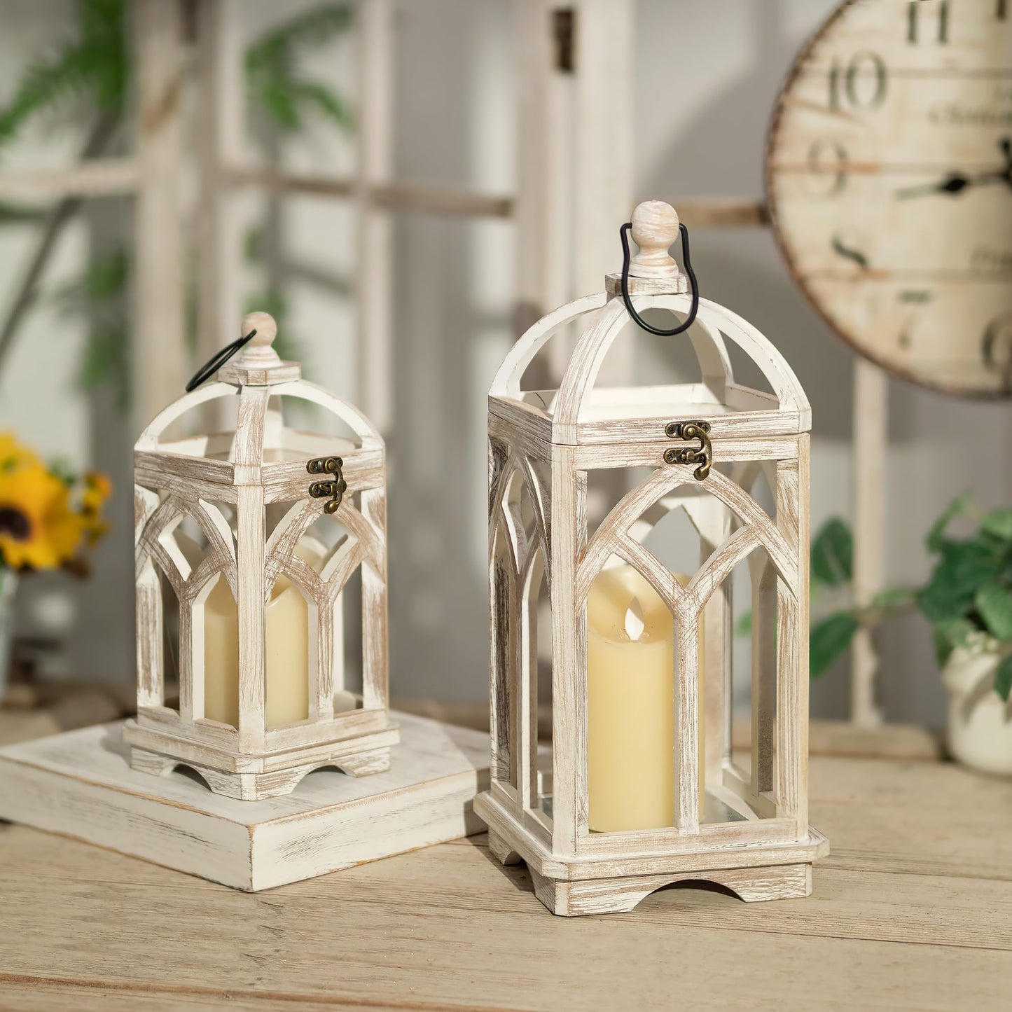 Staymoment Farmhouse Lanterns Decorative Indoor: 11" & 15" Set of 2 White Wooden Candle Holder Lanterns for Table Centerpiece Fireplace Mantle Home Decor