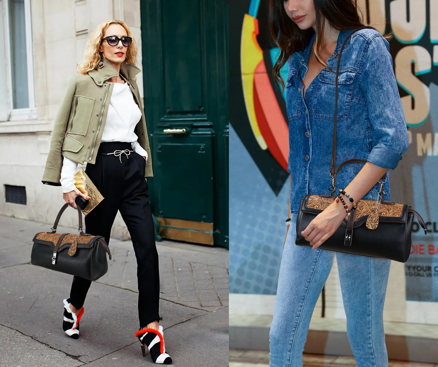 Purse and Handbags for Women Vegan Leather Shoulder Hand Bags Top Handle Satchel Vintage Embossing Pattern (Black)