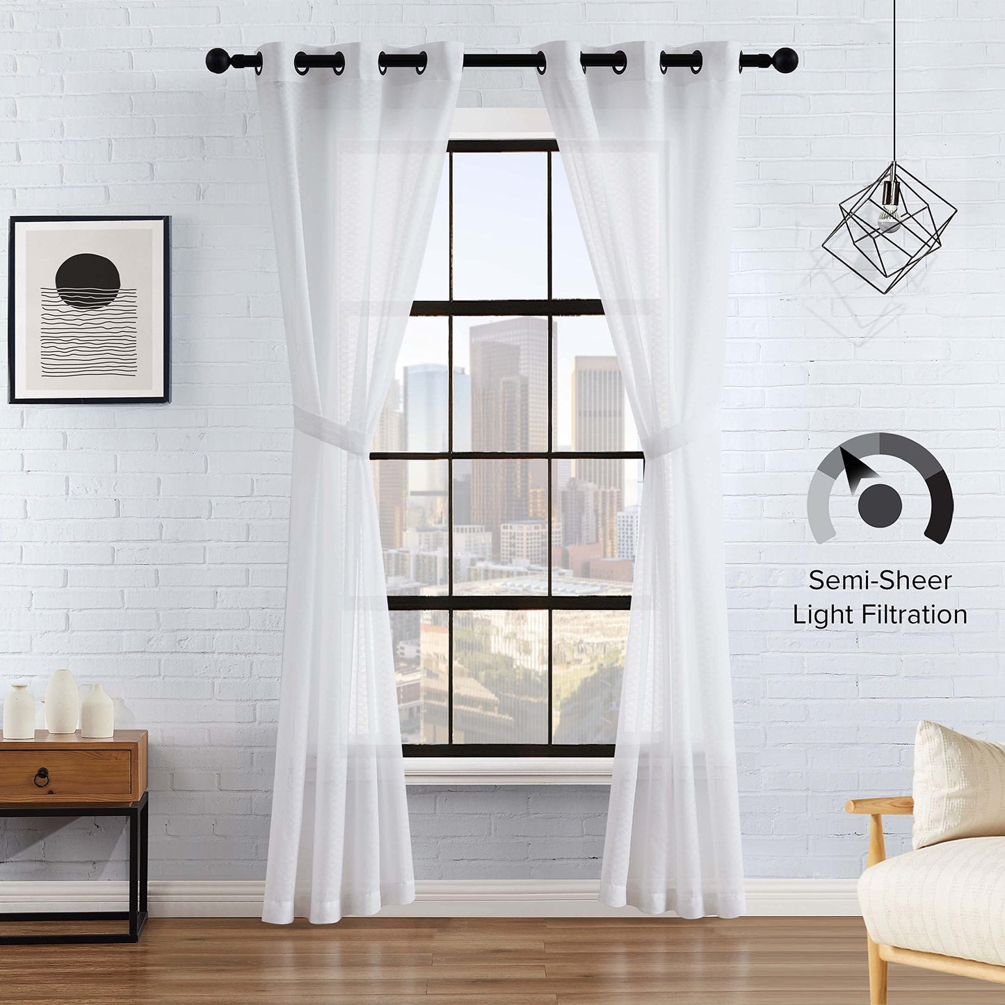 Lucky Brand Sierra Textured Light Filtering Window Curtains | Faux Linen Drapes | Set of 2 Panels | Semi Sheer | Machine Washable, 38" x 84" Pair, White