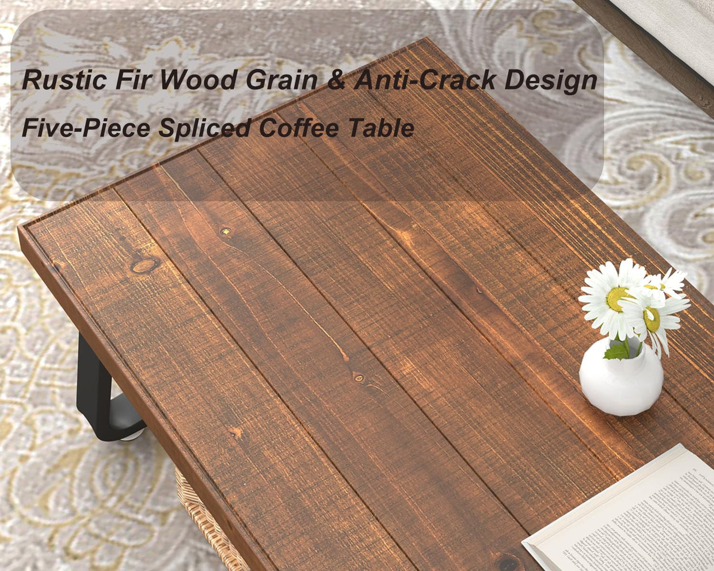 IBF Natural Wood Coffee Table, Rustic Solid Wood Center Table for Living Room, Rectangle Metal and Real Wooden Tea Table, Modern Industrial Minimalist Wooden Cocktail Tables, Rustic Brown, 47 Inch