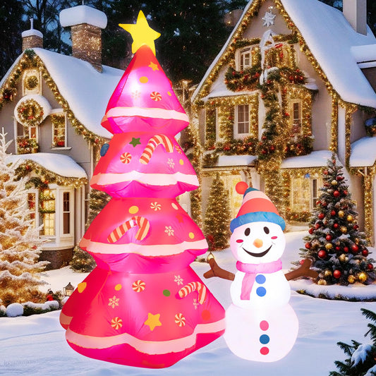 7FT Christmas Inflatables Cute Inflatable Christmas Tree with Snowman Christmas Decorations Outdoor Christmas Blow Up for Yard, Outside, Built-in LED Lights with Tether
