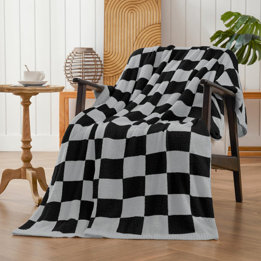 Basic Beyond Black Throw Blanket for Couch, Super Soft Fluffy Checkered Blanket, Cozy Fuzzy Throw Blankets for Bed, Sofa, Chair, 50x60