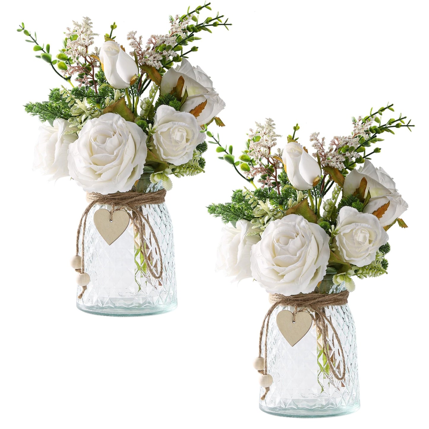 Flojery 2 Packs Faux Flowers in vase,Fake Flowers with Vase, Artificial Silk Roses in Vase, Artificial Flowers in Vase, Faux Flower Arrangement with Vase for Farmhouse (White with vase)