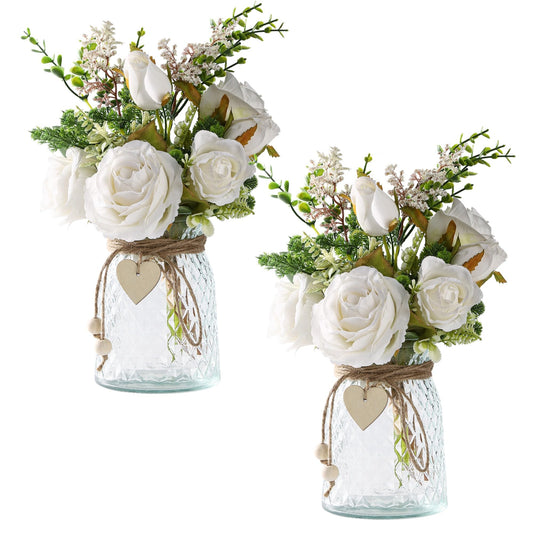 Flojery 2 Packs Faux Flowers in vase,Fake Flowers with Vase, Artificial Silk Roses in Vase, Artificial Flowers in Vase, Faux Flower Arrangement with Vase for Farmhouse (White with vase)