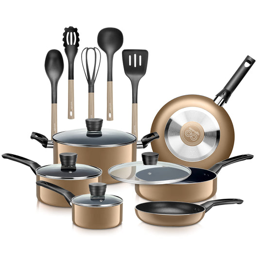 SereneLife Kitchenware Pots & Pans Basic Kitchen Cookware, Black Non-Stick Coating Inside, Heat Resistant Lacquer (15-Piece Set), One Size, Gold