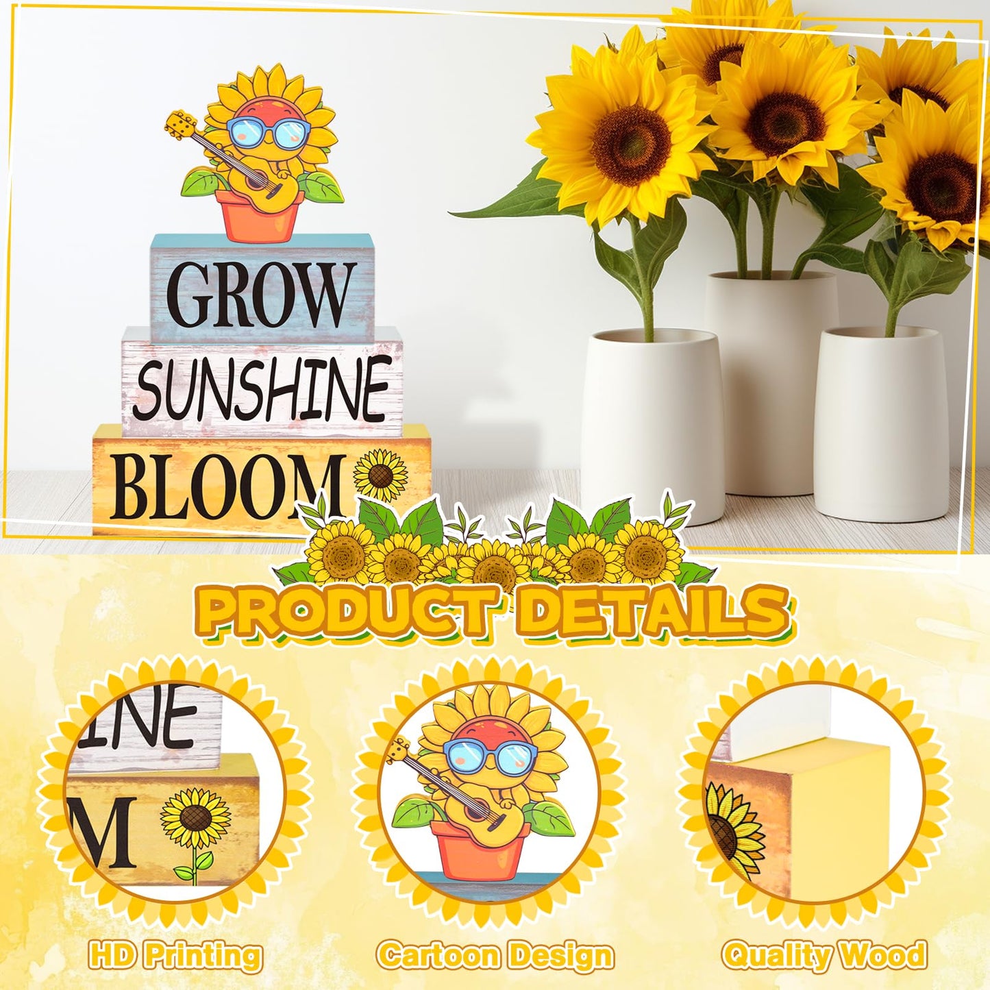4 Pcs Sunflower Decor for Summer Wooden Tiered Tray Sign – Table Decorations Musician Sunflower Book Stack Block Sunshine Table Centerpiece for Home, Parties & Sunflower Gifts for Women
