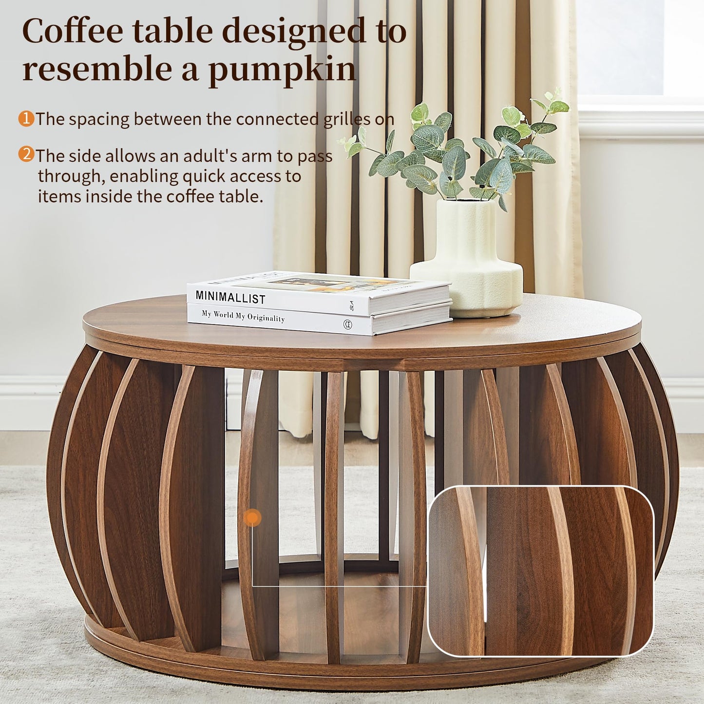 Bifins Drum Coffee Table with Storage,31.5” Wood Round Coffee Table,Farmhouse Pumpkin-Shaped Center Table for Living Room Home Office (Walnut)