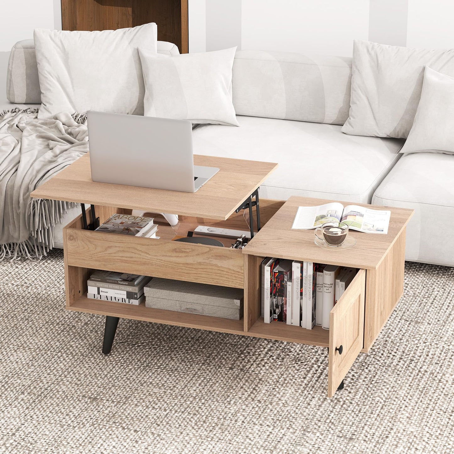 Tangkula Lift Top Coffee Table with Storage, Living Room Table with Hidden Compartment, Cabinet & Open Shelf, Flip Top Center Table, Pull up Coffee Table for Home, Office (Natural)